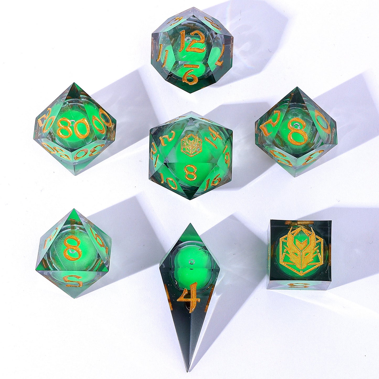 Sharp Edge Liquid Core RPG Dice Set Glow In The Dark-Green