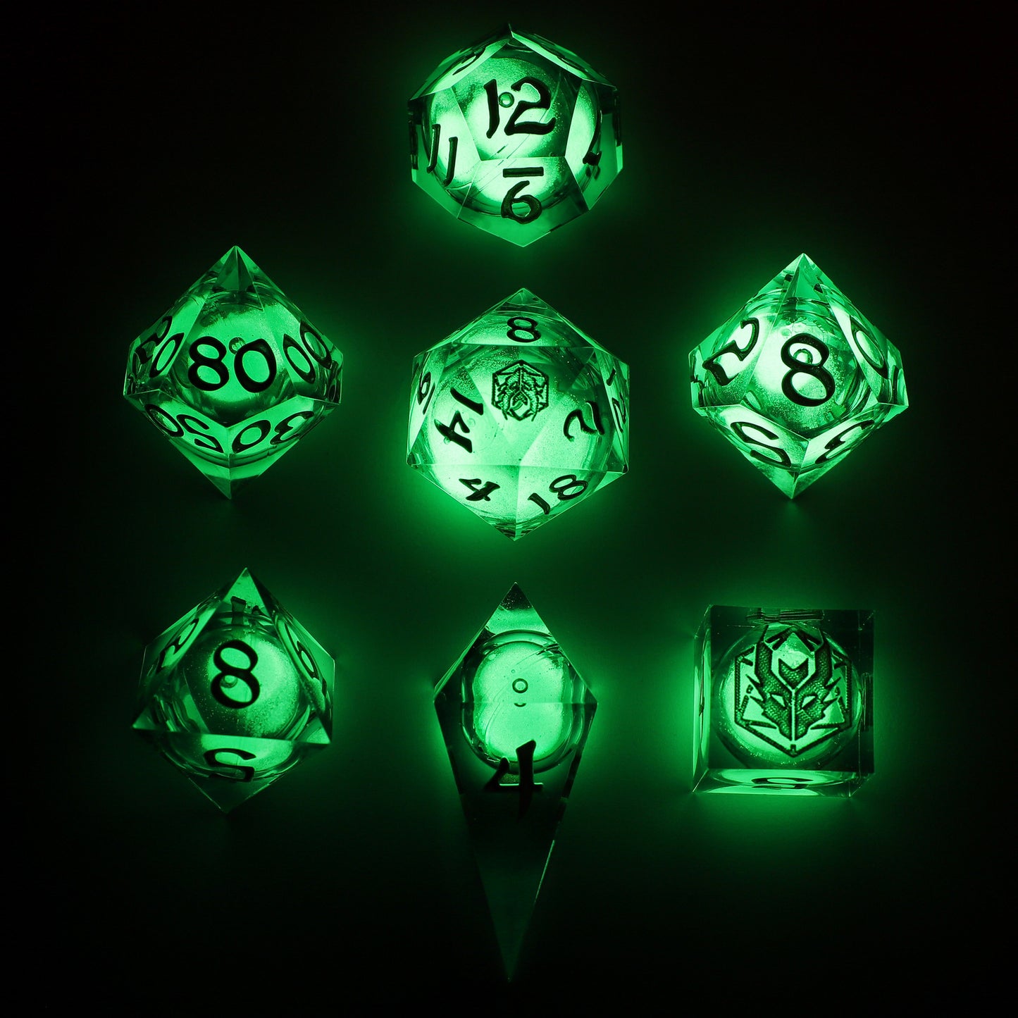 Sharp Edge Liquid Core RPG Dice Set Glow In The Dark-Green