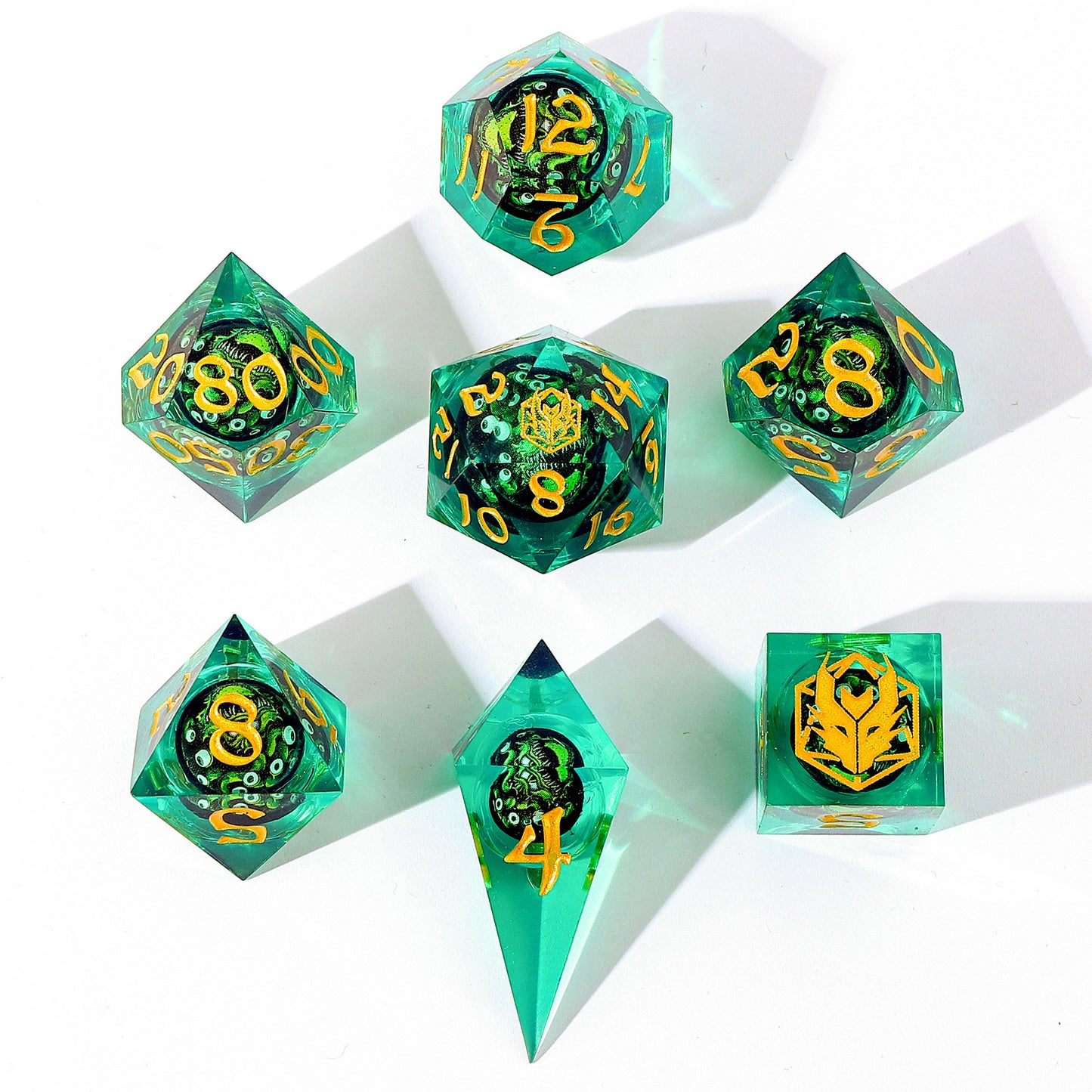 "Always Watching" Sphere Of Many Eyes Sharp Edge Resin Dice Set-Green