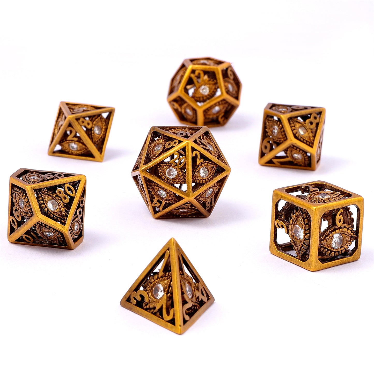 Ancient Gold with white Diamond Gems Dragon's Eye Hollow Metal Dice set