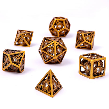 古代の金と白いダイヤモンドの宝石のドラゴンの目中空金属ダイスセット