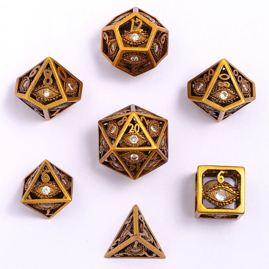 Ancient Gold with white Diamond Gems Dragon's Eye Hollow Metal Dice set