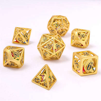 Matt Gold Hollow Dragon Dice Set Filled with Gems