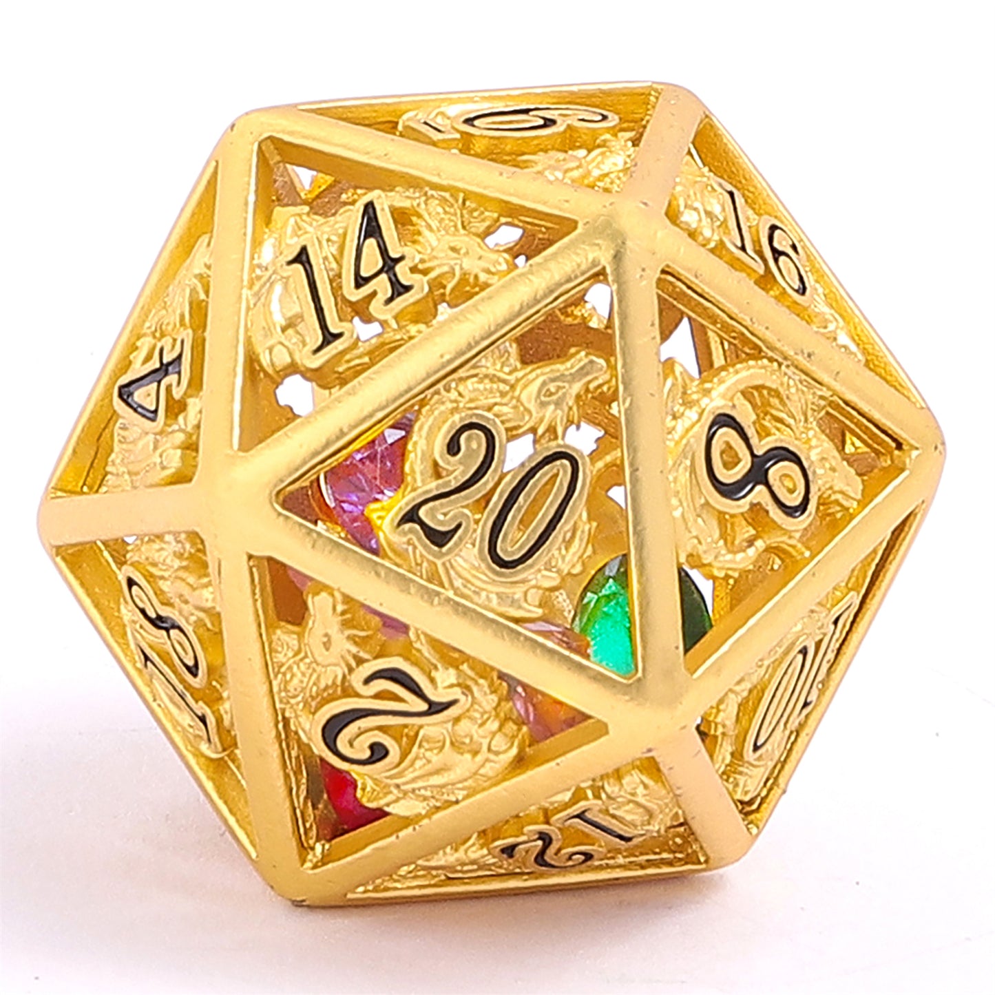 Matt Gold Hollow Dragon Dice Set Filled with Gems
