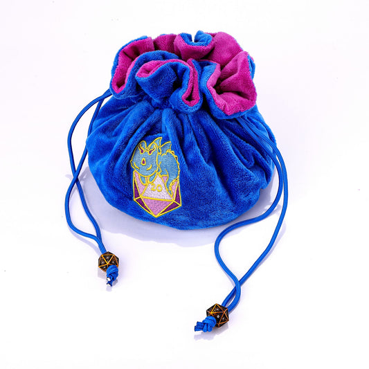 Blue Velvet Compartment Dice Bag with Pockets-Dragon with D20