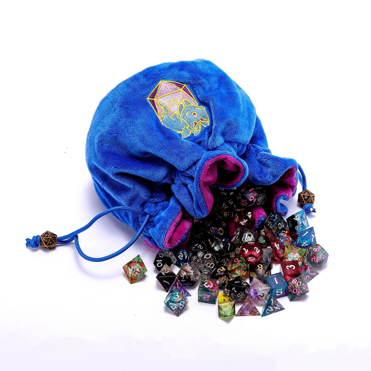 Blue Velvet Compartment Dice Bag with Pockets-Dragon with D20