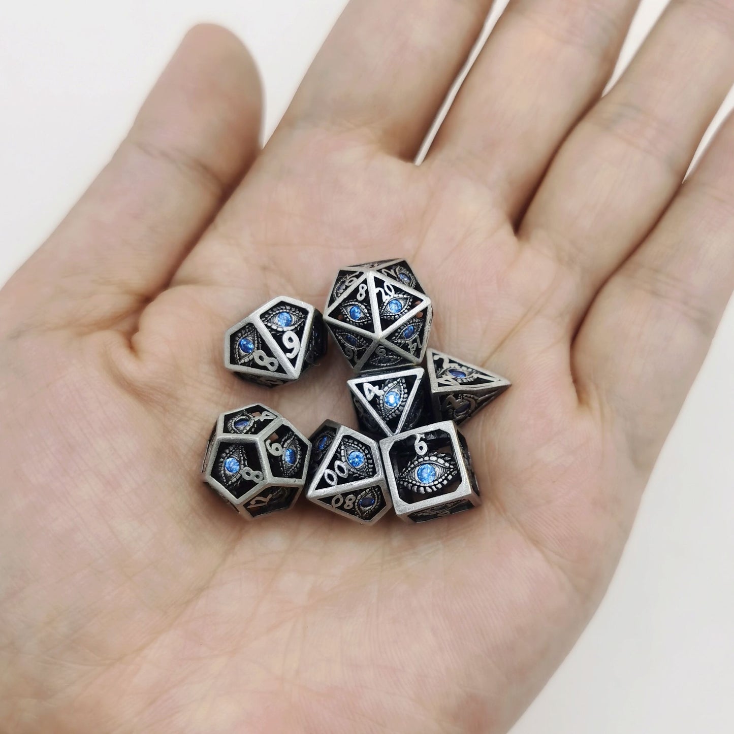 Hollow 10mm mini Dragon's Eye dice set-Ancient Silver with Blue Gems