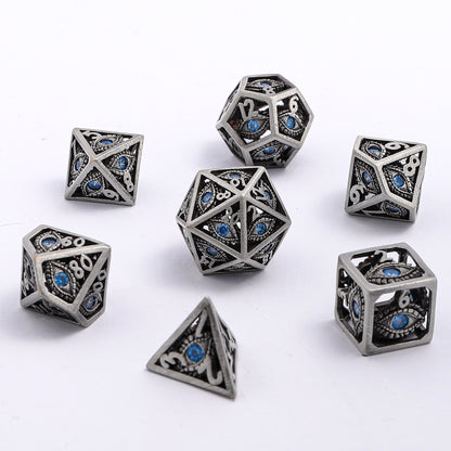 Hollow 10mm mini Dragon's Eye dice set-Ancient Silver with Blue Gems