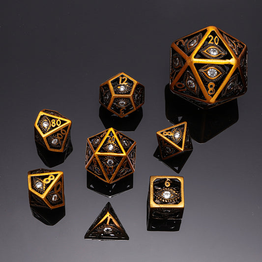 Hollow 10mm mini Dragon's Eye dice set-Ancient Gold with Clear Gems