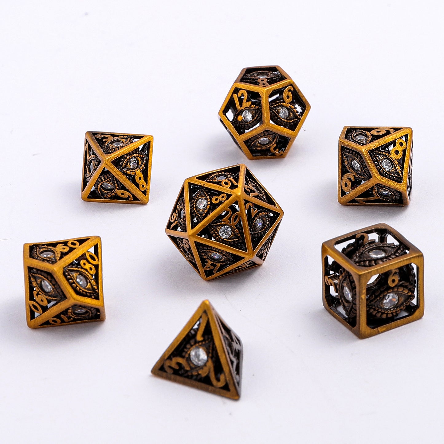 Hollow 10mm mini Dragon's Eye dice set-Ancient Gold with Clear Gems