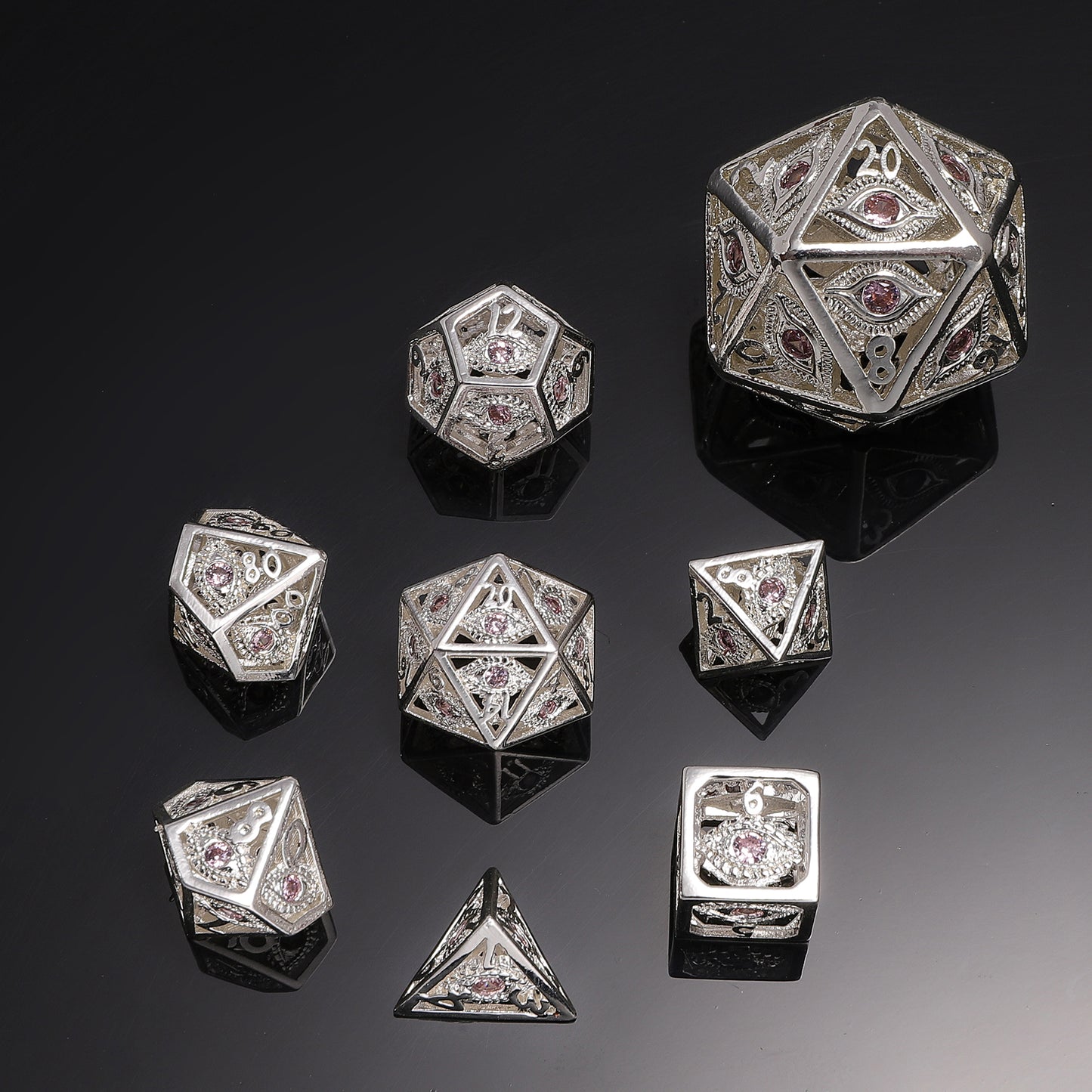 Hollow 10mm mini Dragon's Eye dice set-Shiny Silver with Pink Gems
