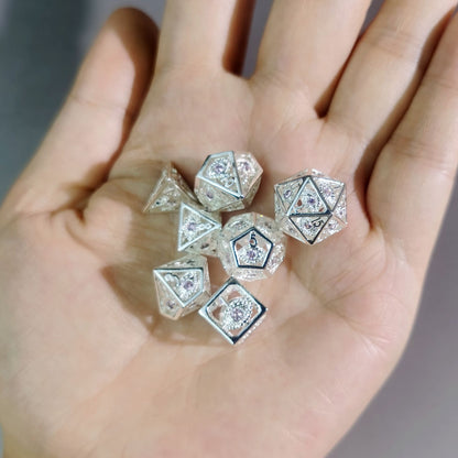 Hollow 10mm mini Dragon's Eye dice set-Shiny Silver with Pink Gems