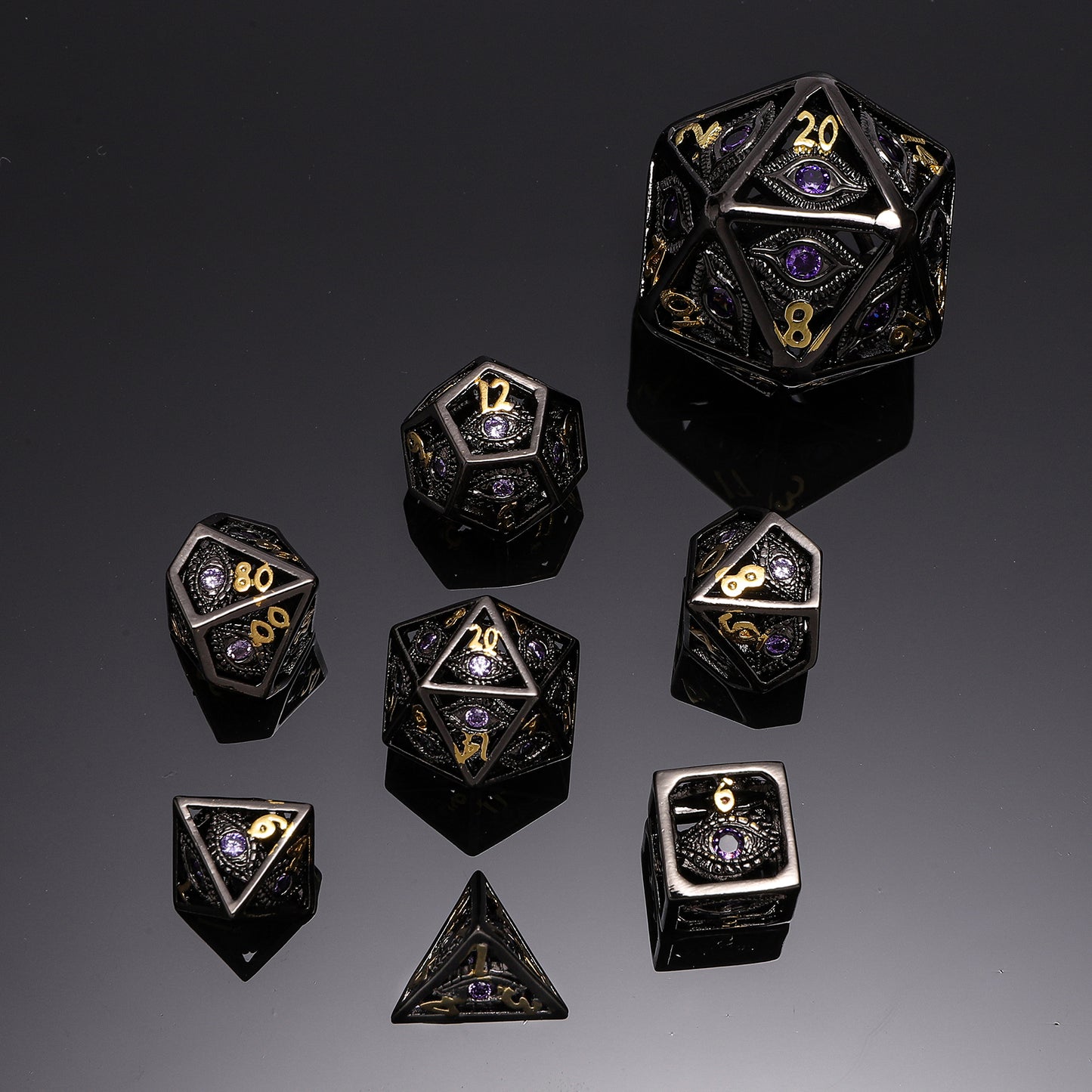 Hollow 10mm mini Dragon's Eye dice set-Gunmetal with Purple Gems