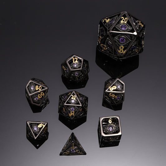 Hollow 10mm mini Dragon's Eye dice set-Gunmetal with Purple Gems