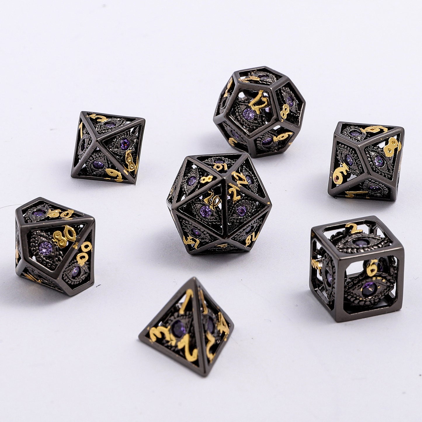 Hollow 10mm mini Dragon's Eye dice set-Gunmetal with Purple Gems