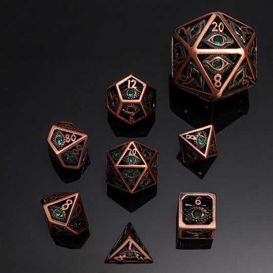 中空 10mm ミニ ドラゴン アイ ダイス セット - 古代銅製、グリーン ジェム付き