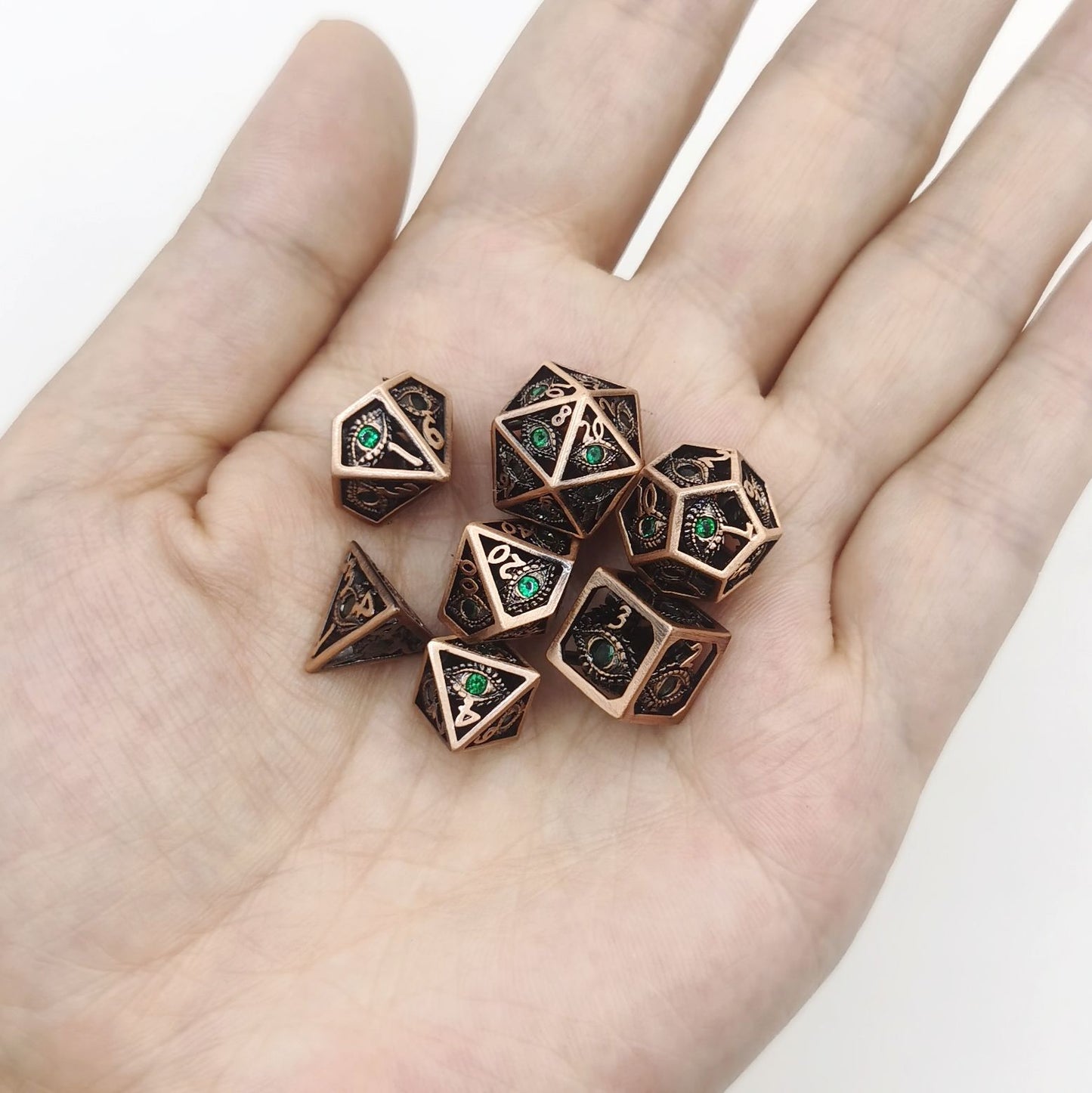 Hollow 10mm mini Dragon's Eye dice set-Ancient Copper with Green Gems