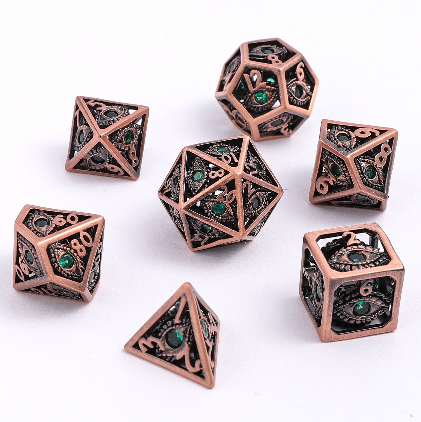 Hollow 10mm mini Dragon's Eye dice set-Ancient Copper with Green Gems