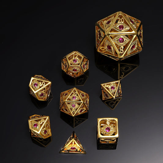 Hollow 10mm mini Dragon's Eye dice set-Shiny Gold with Red Gems