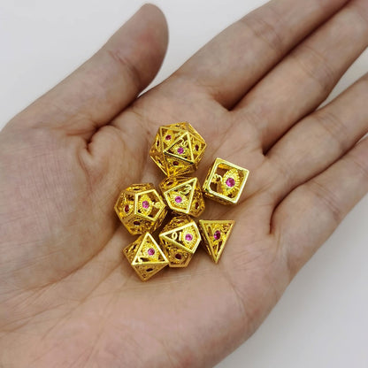 Hollow 10mm mini Dragon's Eye dice set-Shiny Gold with Red Gems