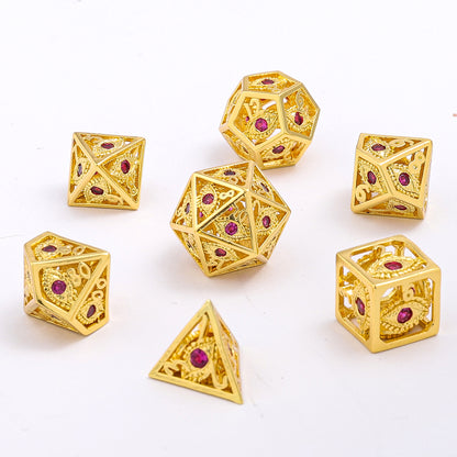 Hollow 10mm mini Dragon's Eye dice set-Shiny Gold with Red Gems