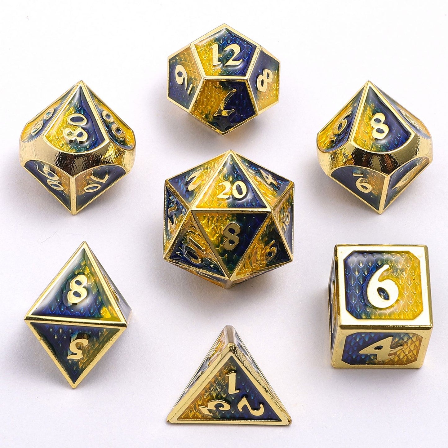 Mini Behemoth Metal RPG Dice Set-Gold w/Yellow&Blue