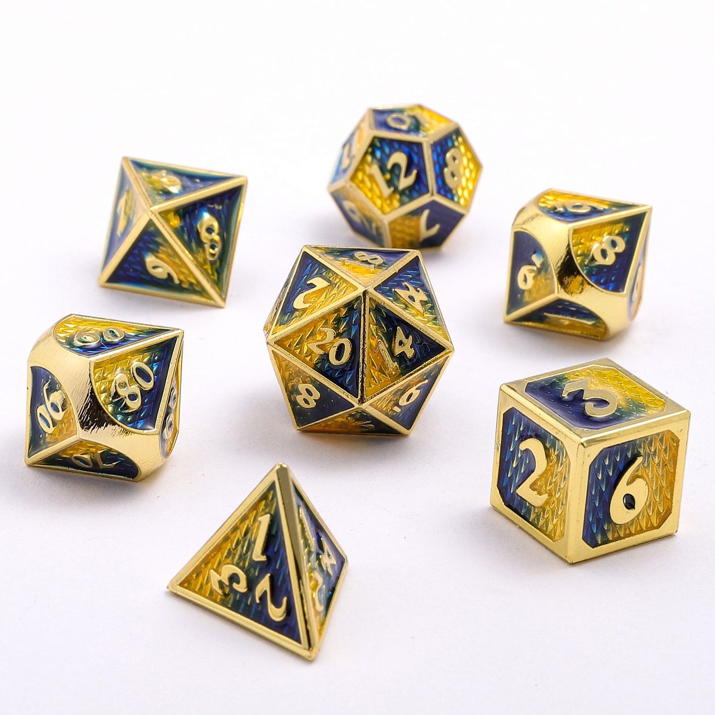 Mini Behemoth Metal RPG Dice Set-Gold w/Yellow&Blue