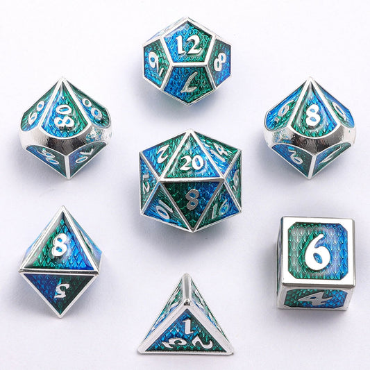 Mini Behemoth Metal RPG Dice Set-Silver w/Blue&Green