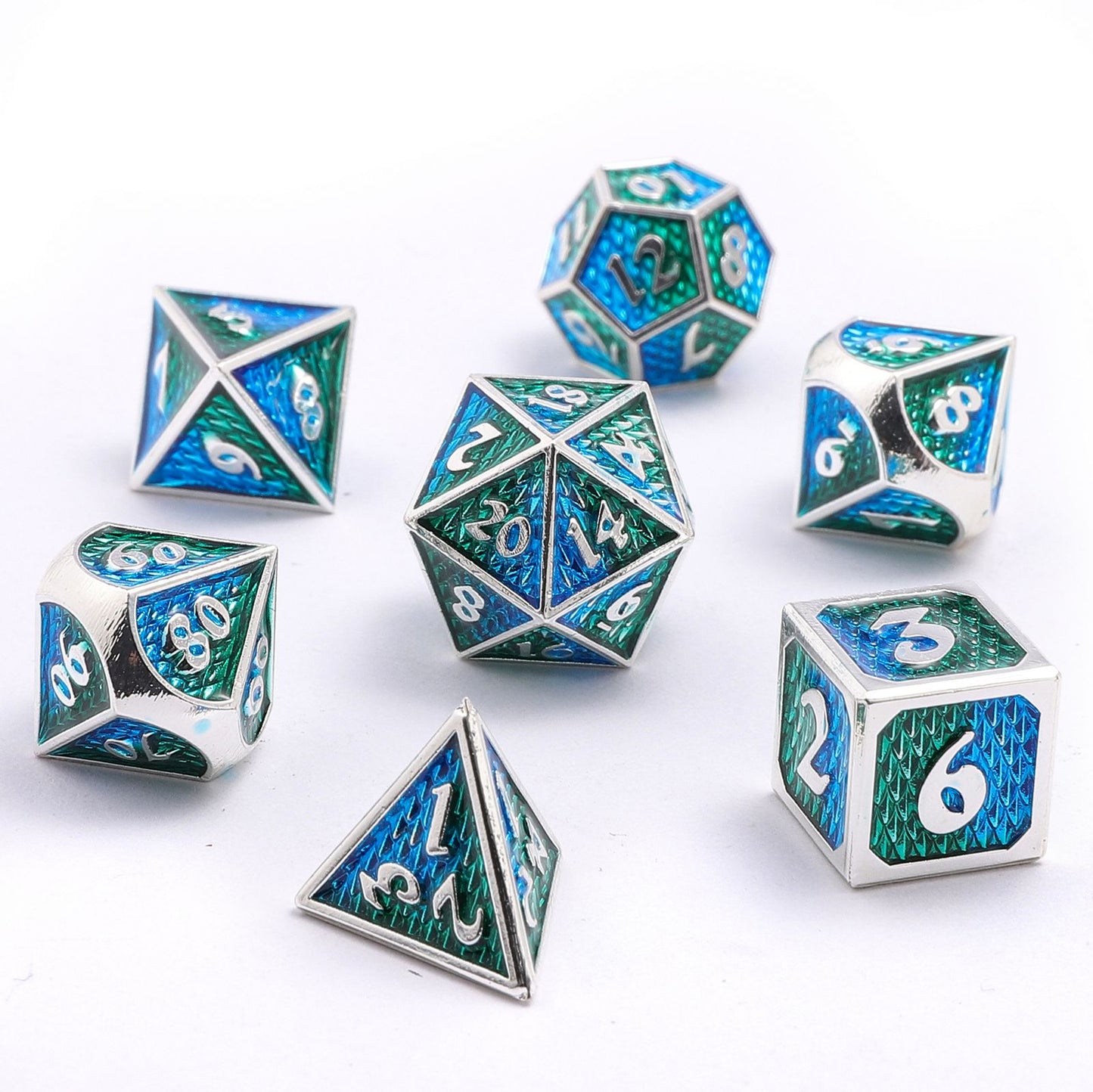 Mini Behemoth Metal RPG Dice Set-Silver w/Blue&Green