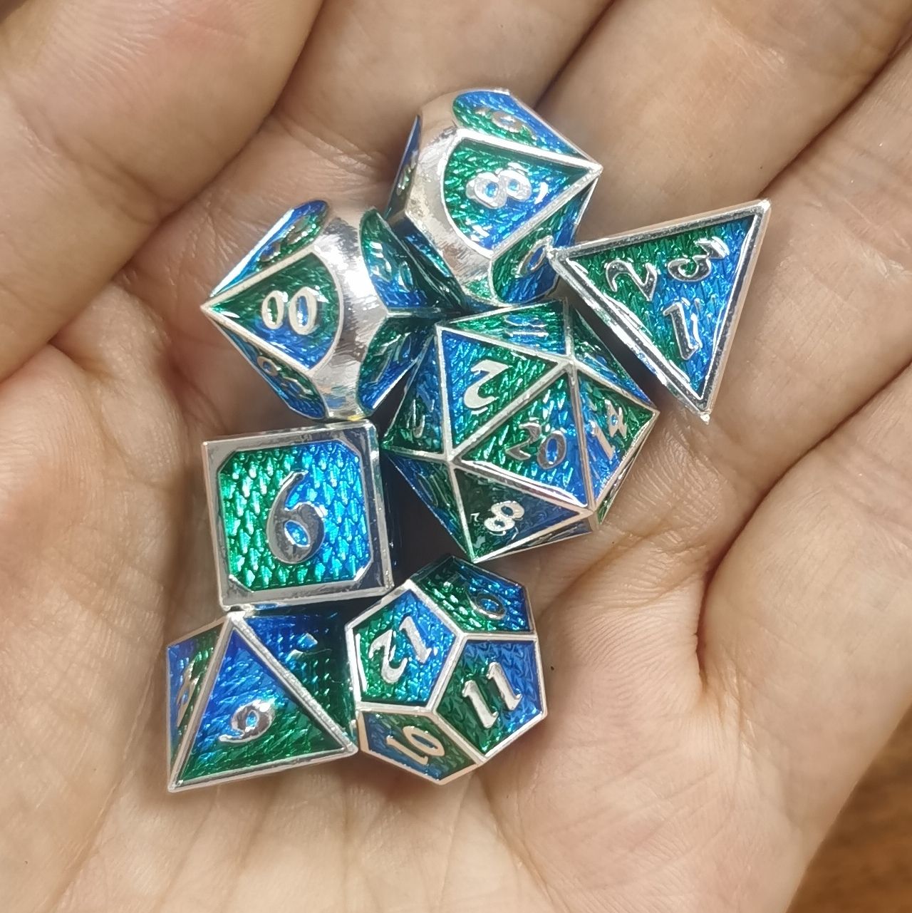 Mini Behemoth Metal RPG Dice Set-Silver w/Blue&Green