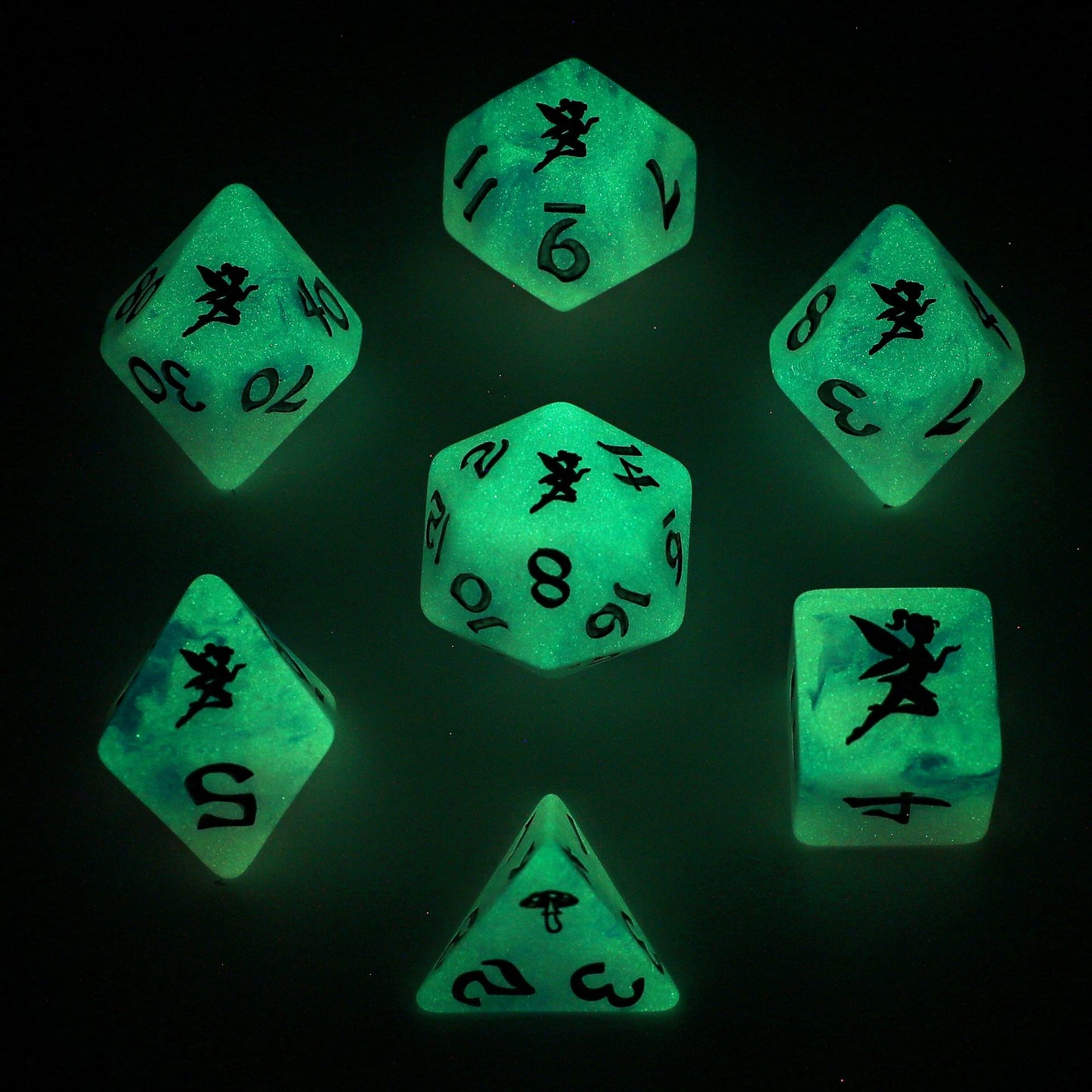 Pixie Dust RPG Dice Set Glow in the dark- Silver