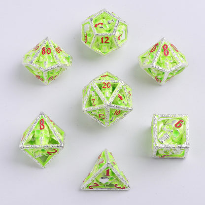 Skull's Grin Hollow Metal Dice Set-Glow in the dark green