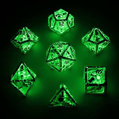 Skull's Grin Hollow Metal Dice Set-Glow in the dark green