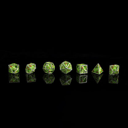 Skull's Grin Hollow Metal Dice Set-Glow in the dark green
