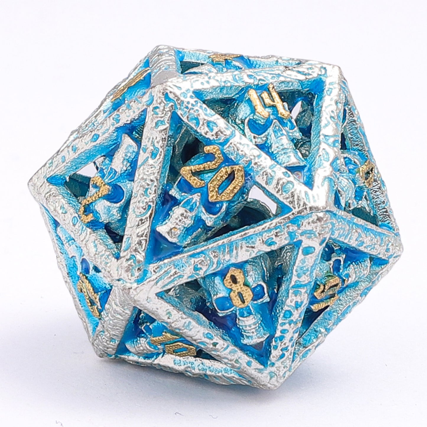 Skull's Grin Hollow Metal Dice Set-Glow in the dark blue