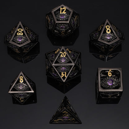 Black with Purple Gems Dragon's Eye Hollow Metal Dice set