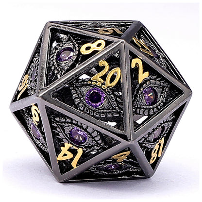 Black with Purple Gems Dragon's Eye Hollow Metal Dice set