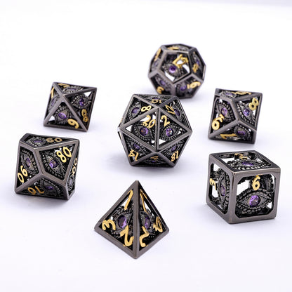 Black with Purple Gems Dragon's Eye Hollow Metal Dice set