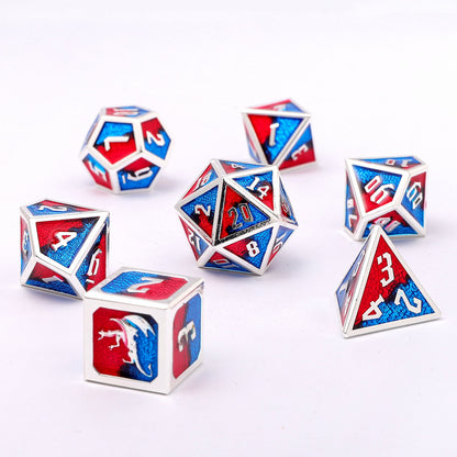 Draconis Silver w/Red&Blue Enamel RPG Dice Set