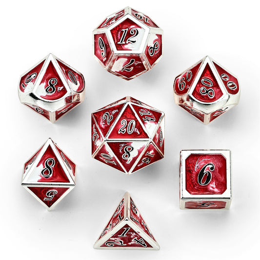 Solid Metal Dragon Dice Set - Silver w/Red&White