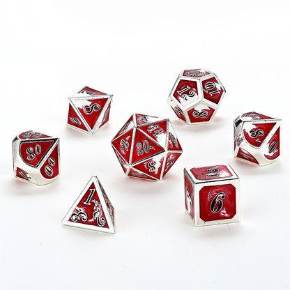 Solid Metal Dragon Dice Set - Silver w/Red&White