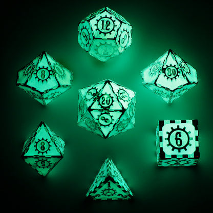 Gears of Fate Solid Metal Dice Set-Glow in the dark