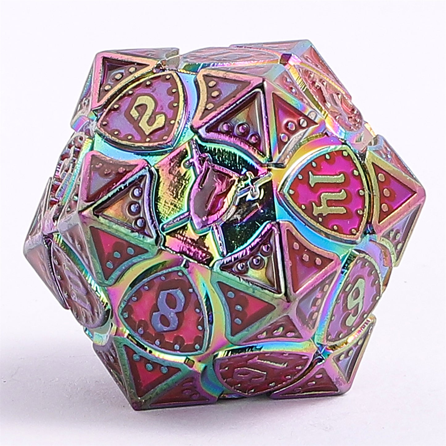 Fighter Solid Metal Polyhedral Dice Set-Rainbow w/UV-reactive Red