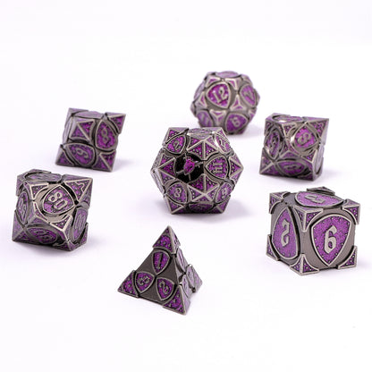 Fighter Solid Metal Polyhedral Dice Set-Ancient Silver w/Glitter Purple