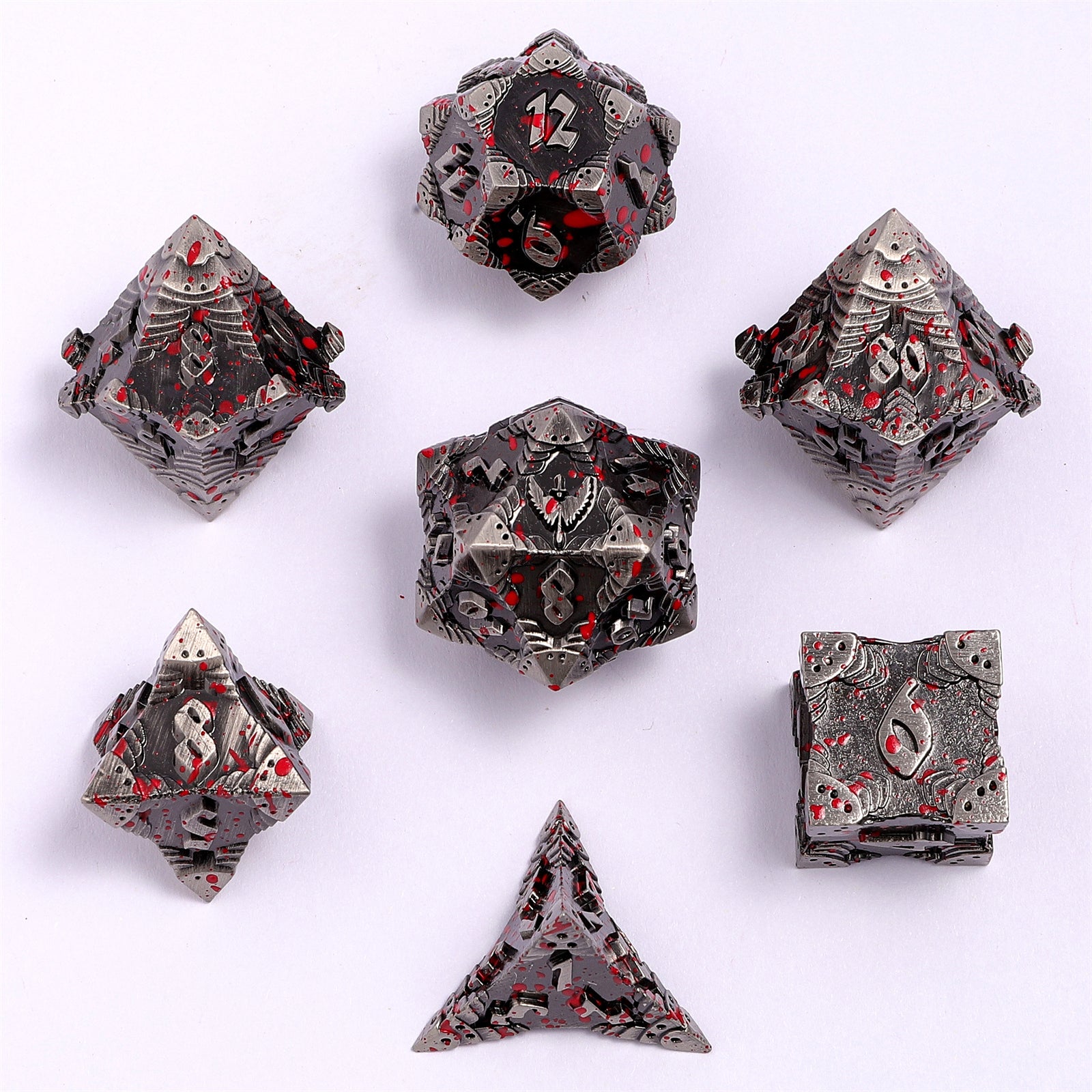 Paladin Solid Metal Polyhedral Dice Set-Ancient Silver w/Blood Splatter - HYMGHO Dice 