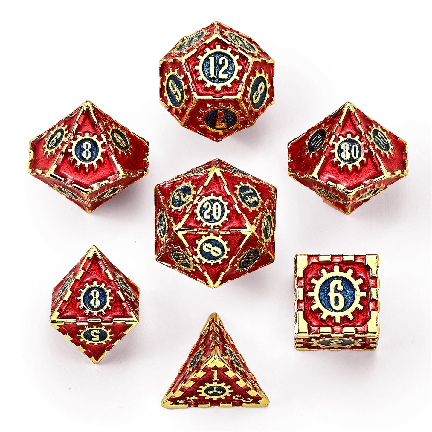 Solid Metal Cogcraft Polyhedral Dice Set Casino - Red Blue Silver and Gold