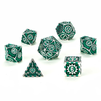 Solid Metal Cogcraft Polyhedral Dice Set Time Machine - Green and Silver