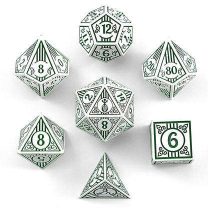 Bard Solid Metal RPG Dice Set - White w/Green