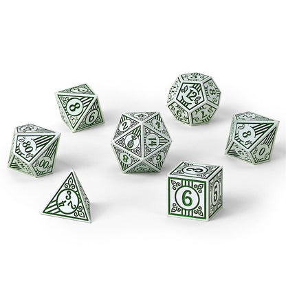 Bard Solid Metal RPG Dice Set - White w/Green