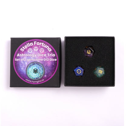 Stella Fortuna - Astrology Dice Trio - Set of 3 Gemstone D12 Dice